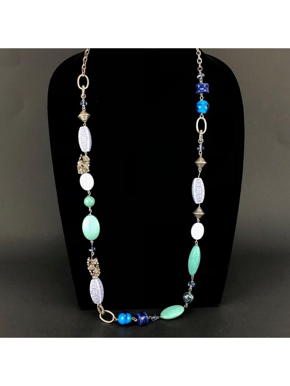 Premier Designs Necklace Long Silver Tone Blues & Green Beads